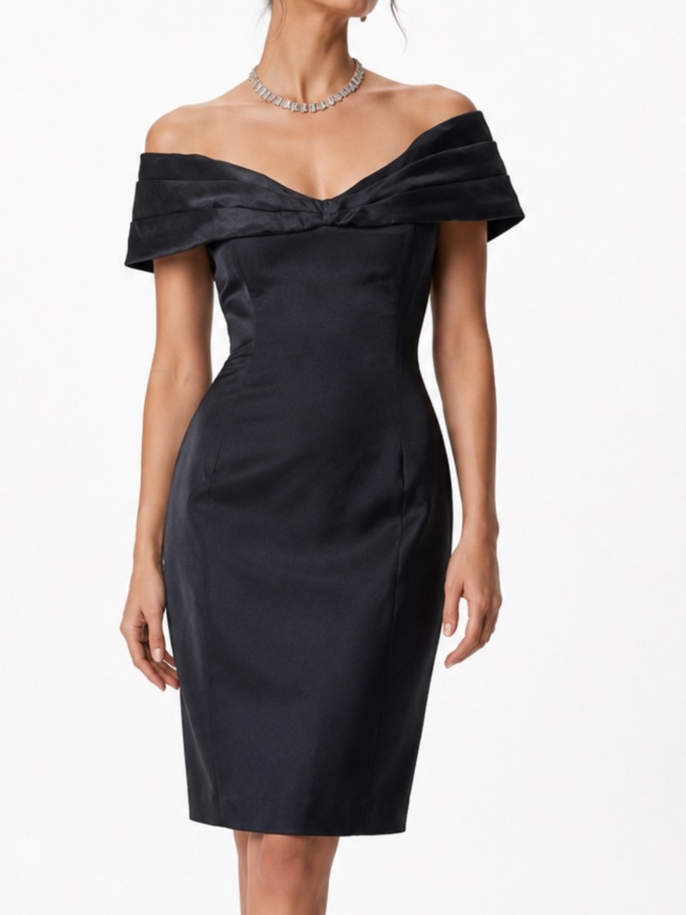 LOUIS FERAUD Black Silk Off Shoulder Midi Cocktail Dress